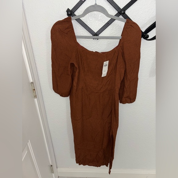 Abercrombie Brown Polka Dot Midi Dress Square Neck Puff Sleeve NWT Size M - Picture 2 of 5
